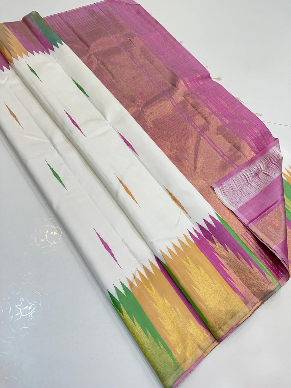 Off-White Kanchipuram Handloom Bridal Silk Saree -